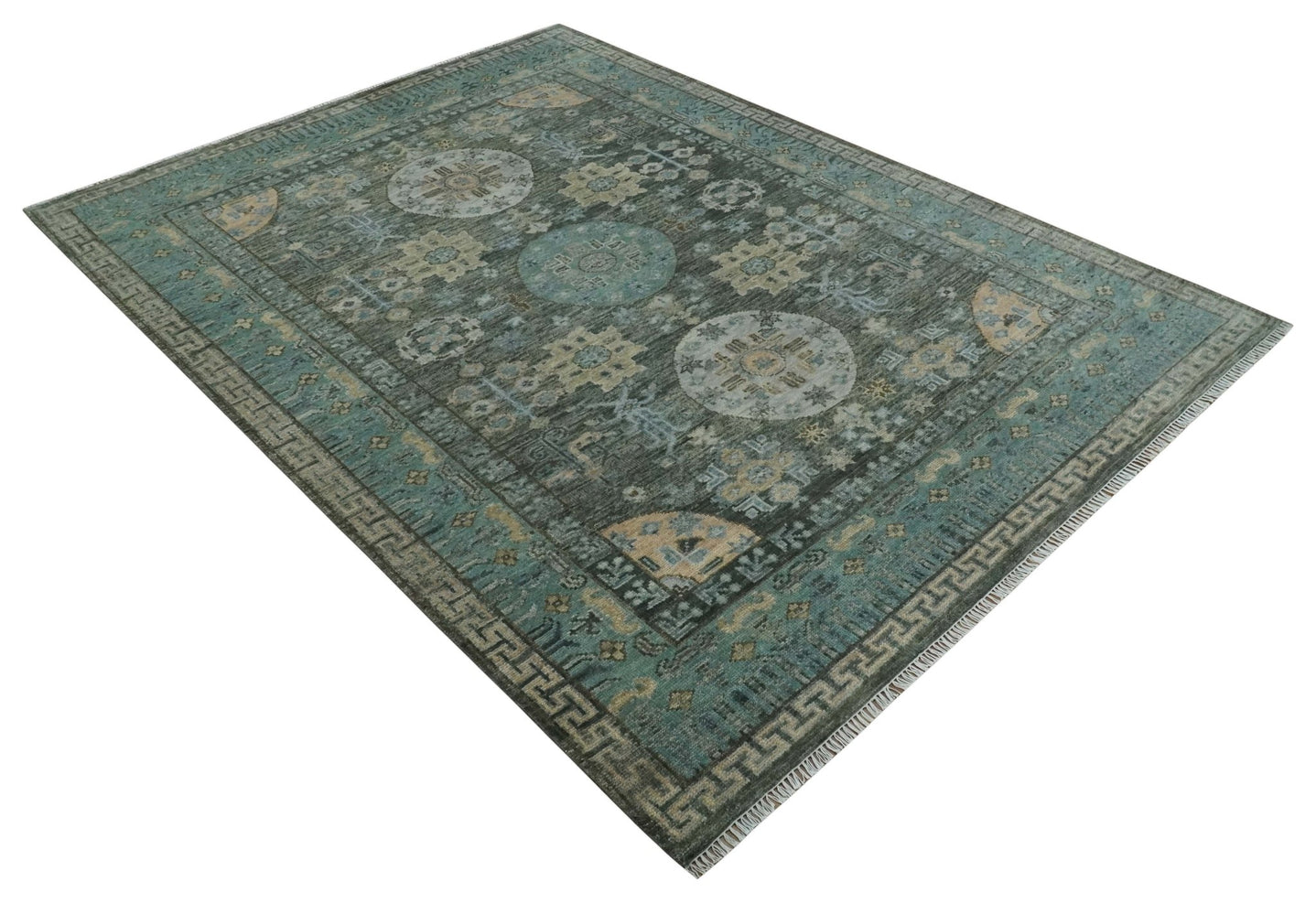 Hand Knotted Charcoal, and Aqua Oriental Khotan Multi Size Traditional Wool Area Rug - The Rug Decor