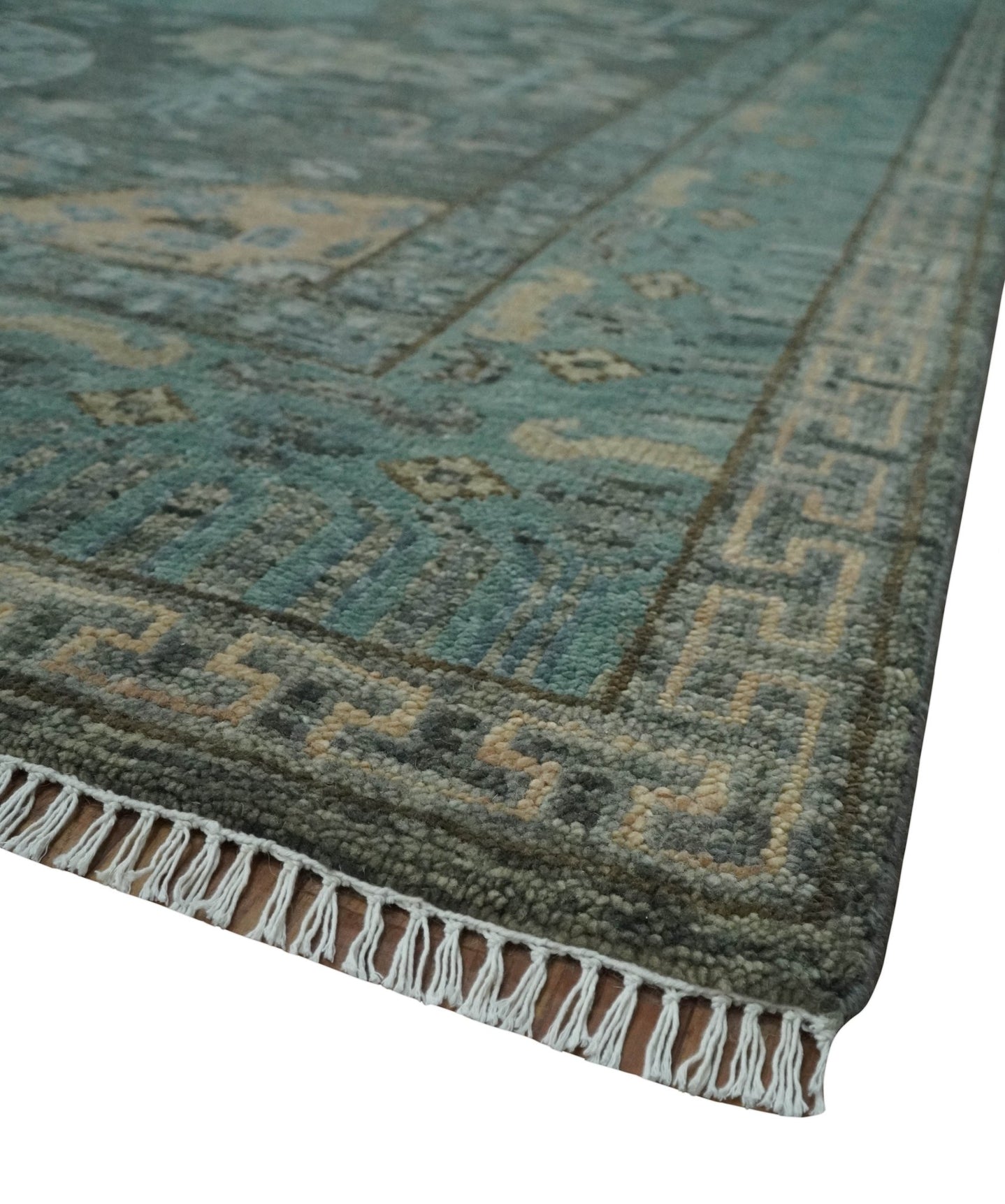 Hand Knotted Charcoal, and Aqua Oriental Khotan Multi Size Traditional Wool Area Rug - The Rug Decor