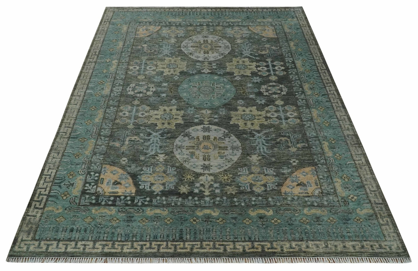 Hand Knotted Charcoal, and Aqua Oriental Khotan Multi Size Traditional Wool Area Rug - The Rug Decor