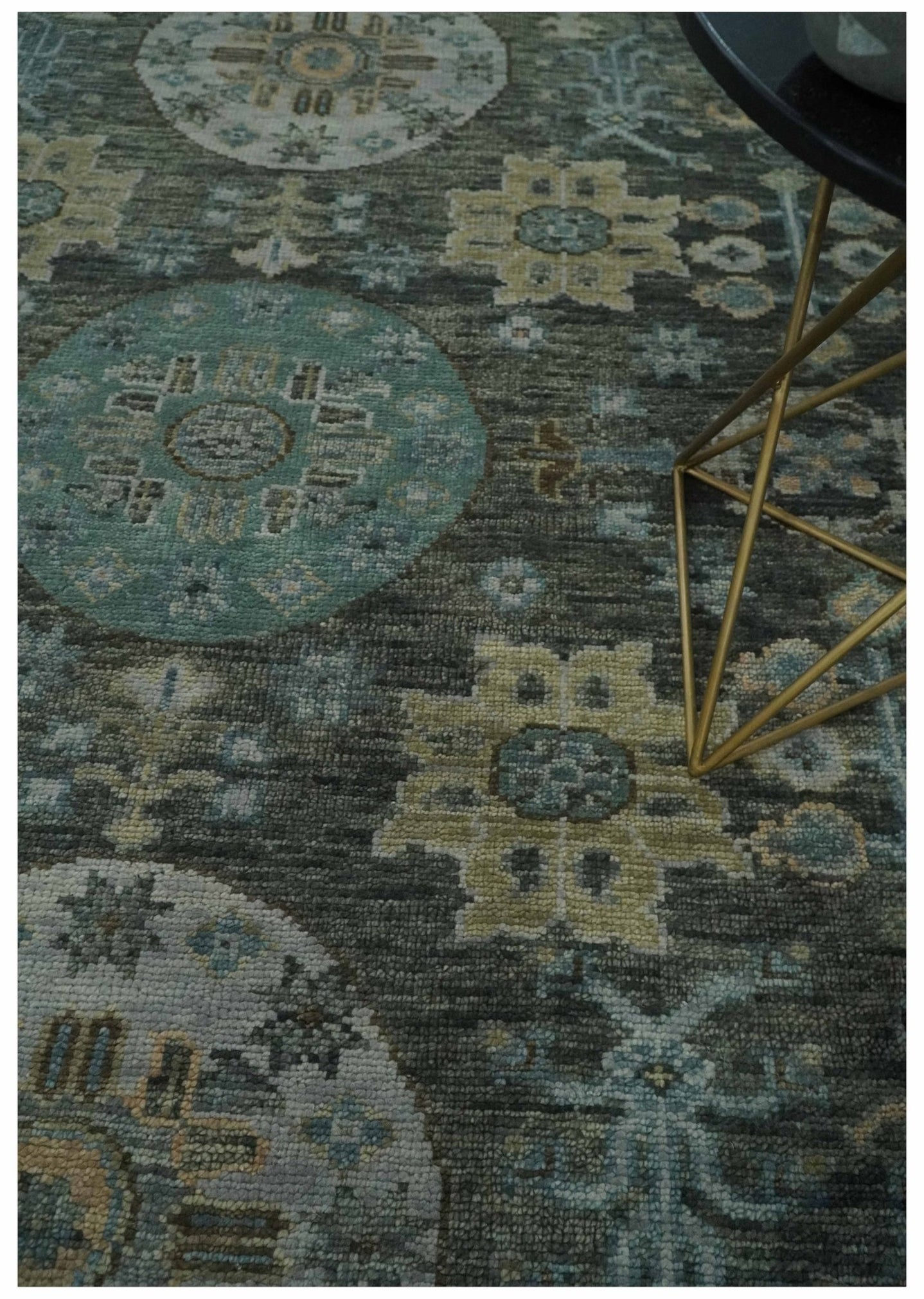 Hand Knotted Charcoal, and Aqua Oriental Khotan Multi Size Traditional Wool Area Rug - The Rug Decor