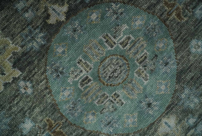 Hand Knotted Charcoal, and Aqua Oriental Khotan Multi Size Traditional Wool Area Rug - The Rug Decor