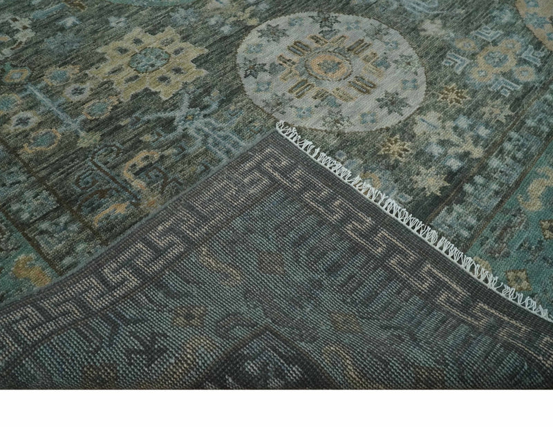 Hand Knotted Charcoal, and Aqua Oriental Khotan Multi Size Traditional Wool Area Rug - The Rug Decor