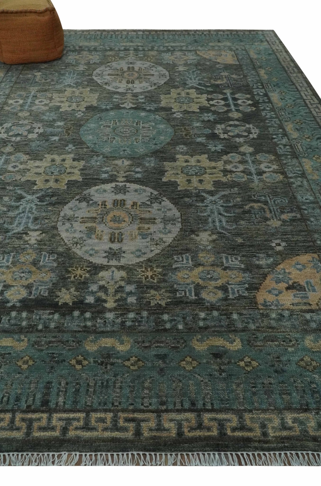 Hand Knotted Charcoal, and Aqua Oriental Khotan Multi Size Traditional Wool Area Rug - The Rug Decor