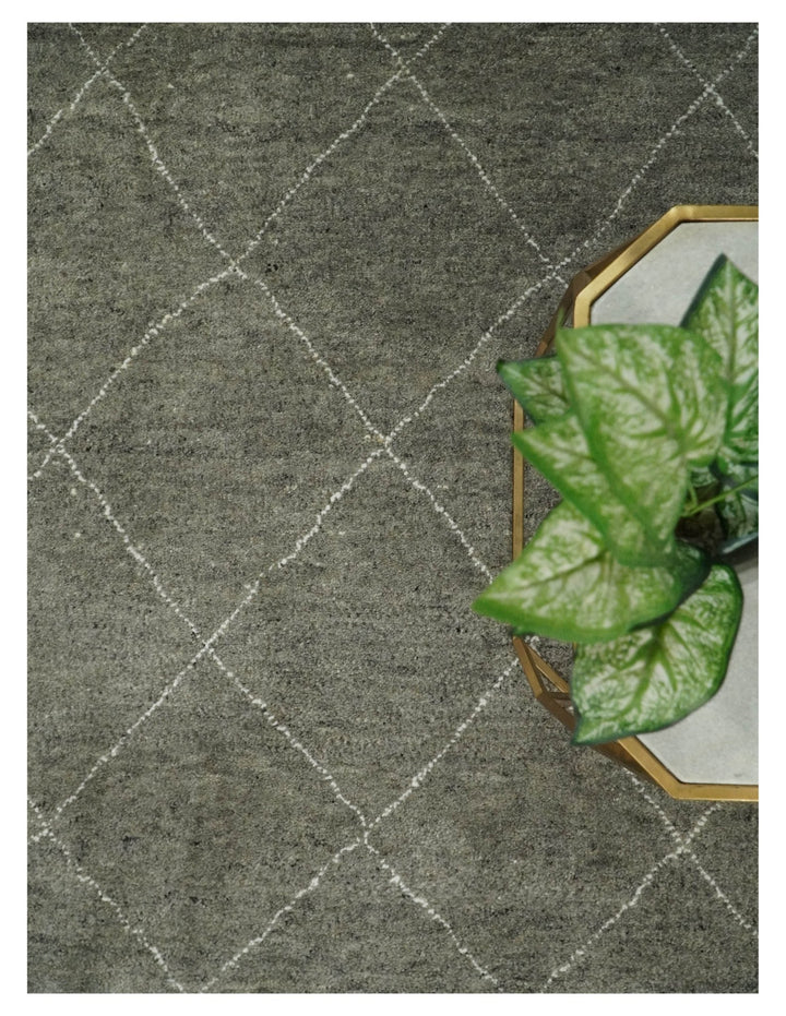 Hand Knotted Charcoal and White 9x12 Trellis Moroccan Rug Made with Fine Wool | TRDCP651912 - The Rug Decor