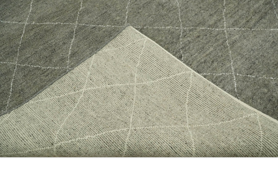 Hand Knotted Charcoal and White 9x12 Trellis Moroccan Rug Made with Fine Wool | TRDCP651912 - The Rug Decor