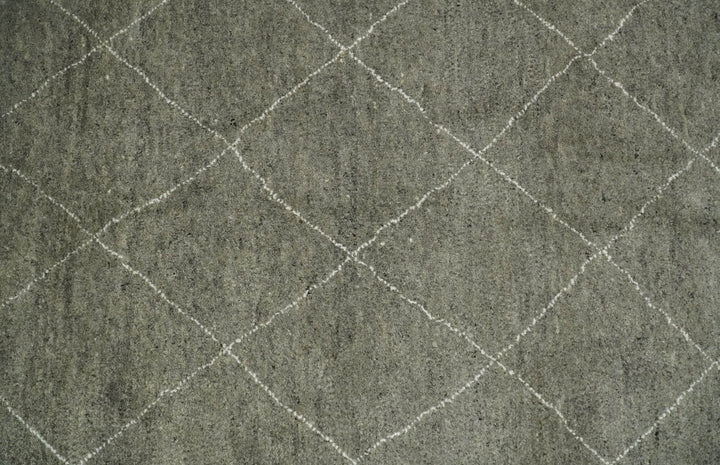 Hand Knotted Charcoal and White 9x12 Trellis Moroccan Rug Made with Fine Wool | TRDCP651912 - The Rug Decor