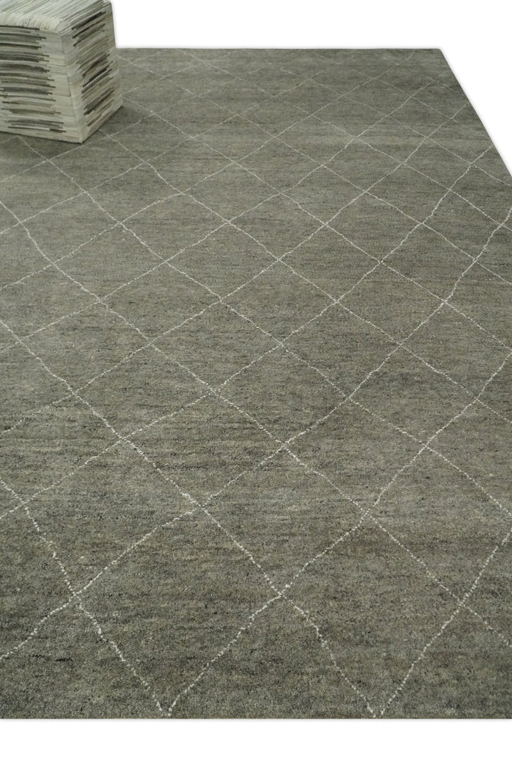 Hand Knotted Charcoal and White 9x12 Trellis Moroccan Rug Made with Fine Wool | TRDCP651912 - The Rug Decor