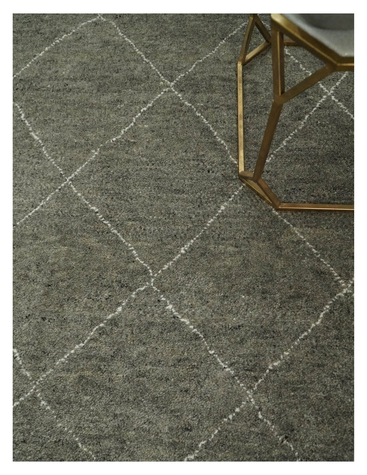 Hand Knotted Charcoal and White 9x12 Trellis Moroccan Rug Made with Fine Wool | TRDCP651912 - The Rug Decor