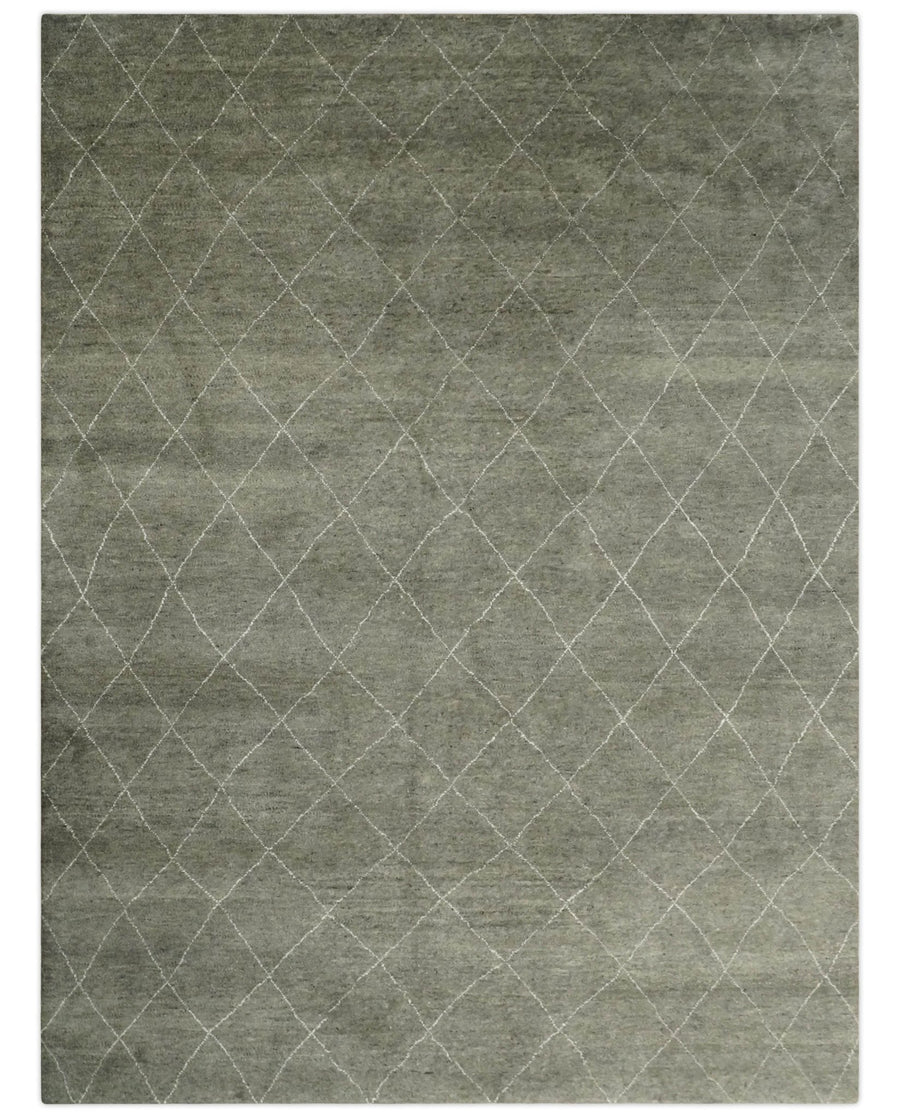 Hand Knotted Charcoal and White 9x12 Trellis Moroccan Rug Made with Fine Wool | TRDCP651912 - The Rug Decor