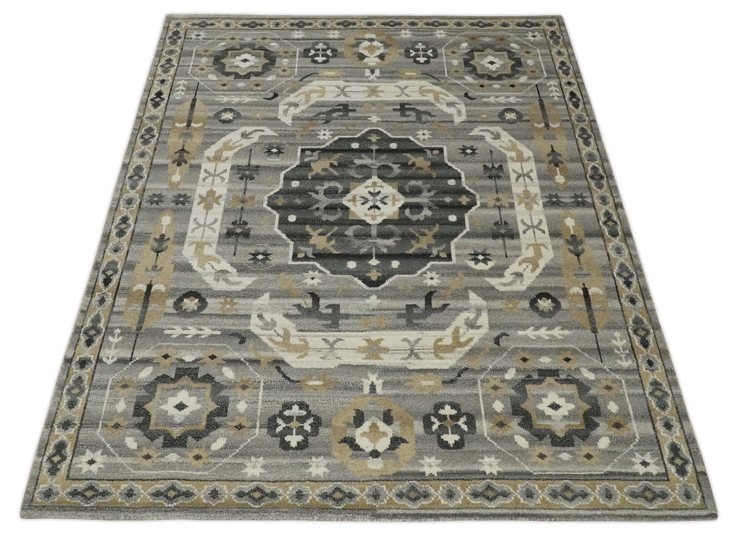 Hand Knotted Charcoal, Ivory and Beige Traditional Medallion Natural Wool Area Rug, Kids, Living Room and Bedroom Rug | MEHK10 - The Rug Decor