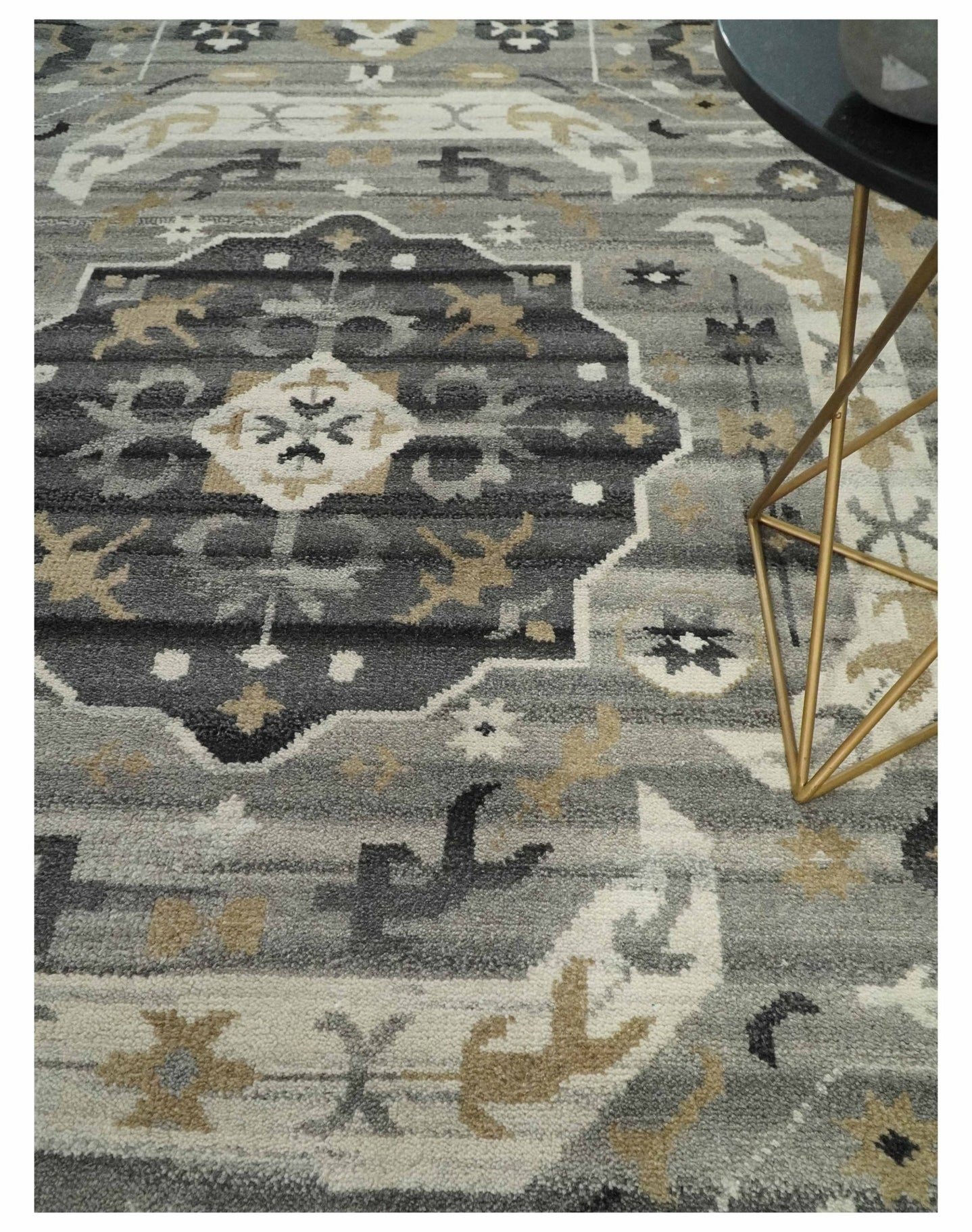 Hand Knotted Charcoal, Ivory and Beige Traditional Medallion Natural Wool Area Rug, Kids, Living Room and Bedroom Rug | MEHK10 - The Rug Decor