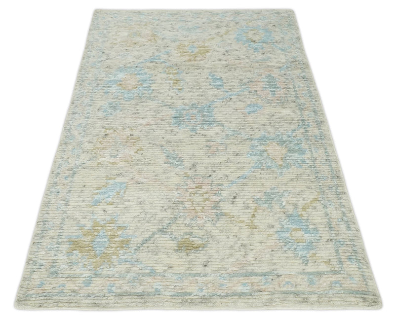 Hand Knotted Contemporary Ivory and Blue Rug Made with Blended Wool 5x8, 8x10 and 9x12 | UL36 - The Rug Decor