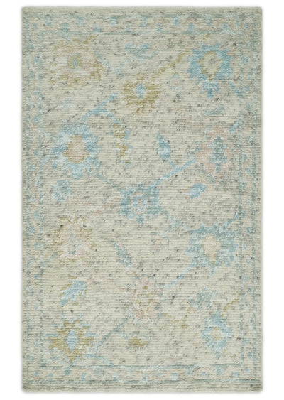 Hand Knotted Contemporary Ivory and Blue Rug Made with Blended Wool 5x8, 8x10 and 9x12 | UL36 - The Rug Decor