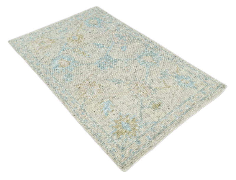 Hand Knotted Contemporary Ivory and Blue Rug Made with Blended Wool 5x8, 8x10 and 9x12 | UL36 - The Rug Decor