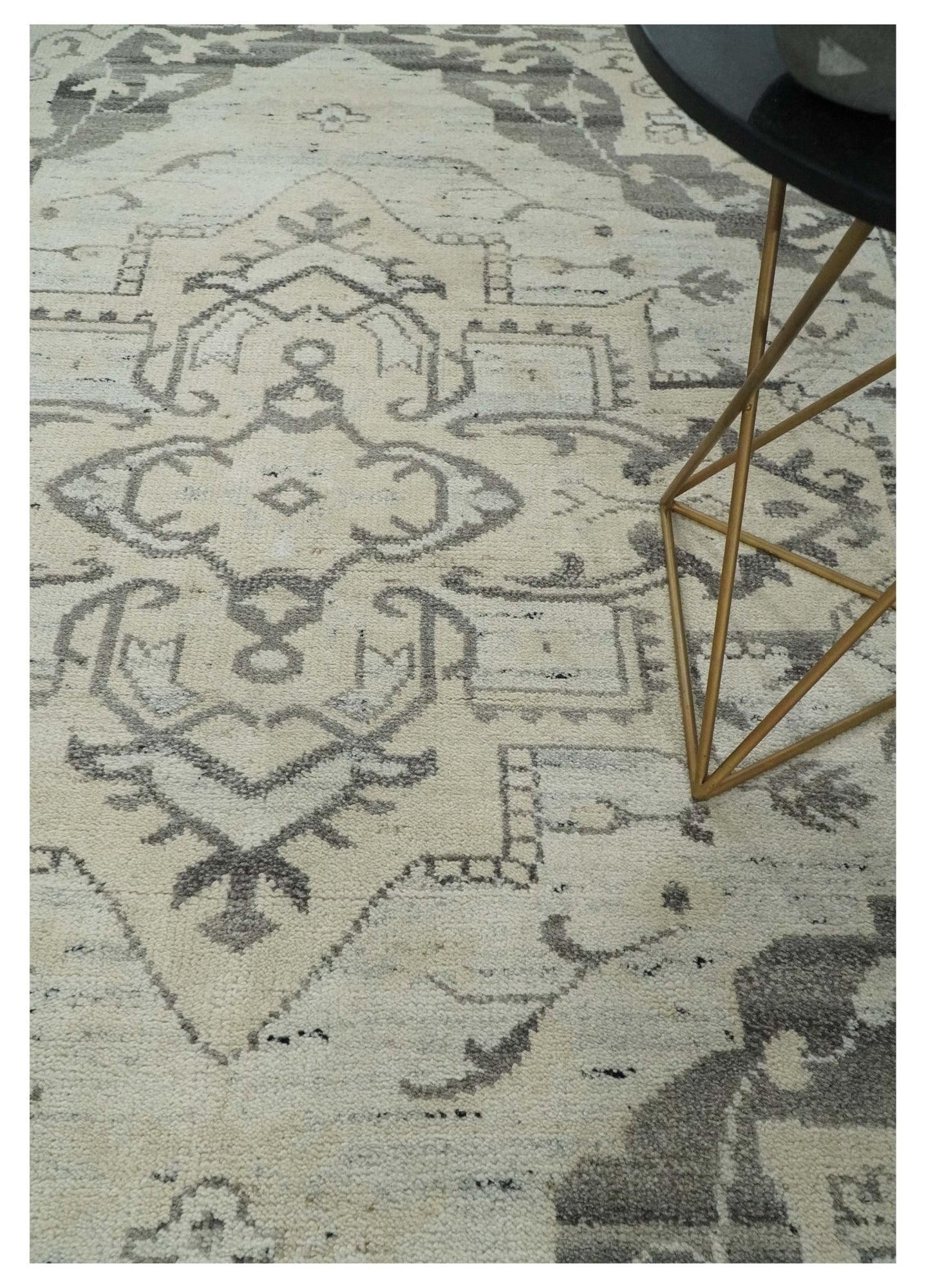 Hand Knotted Earthy Neutral Serapi Wool Rug, Charcoal, Beige and Ivory - The Rug Decor