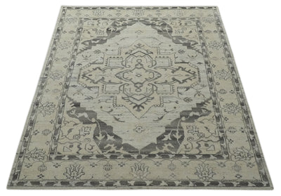 Hand Knotted Earthy Neutral Serapi Wool Rug, Charcoal, Beige and Ivory - The Rug Decor