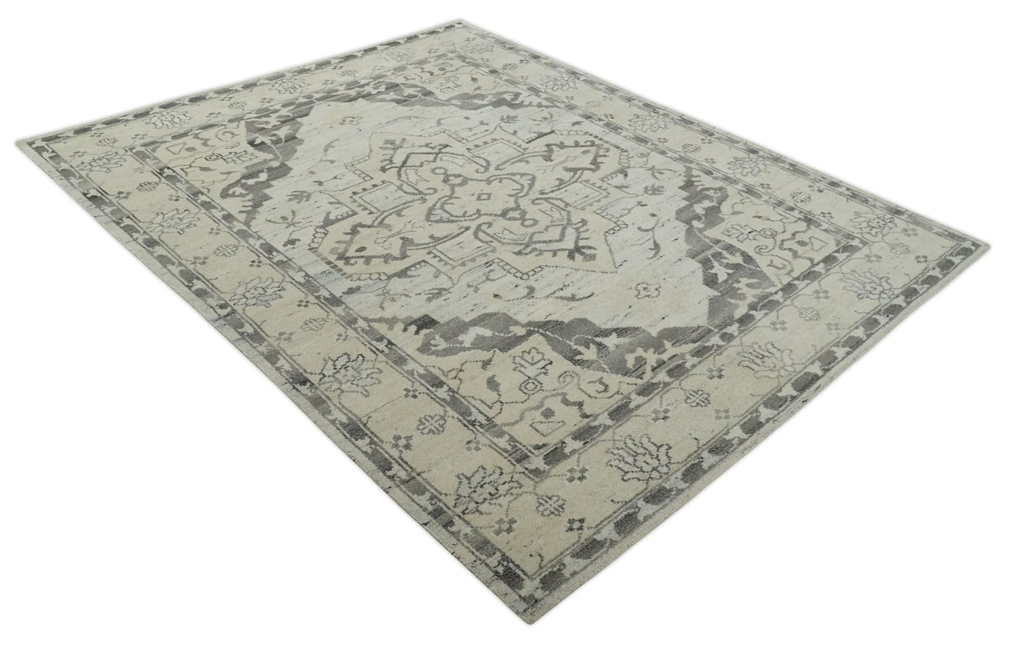 Hand Knotted Earthy Neutral Serapi Wool Rug, Charcoal, Beige and Ivory - The Rug Decor