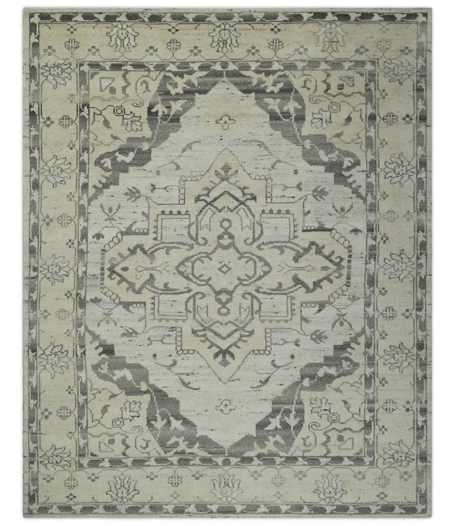 Hand Knotted Earthy Neutral Serapi Wool Rug, Charcoal, Beige and Ivory - The Rug Decor