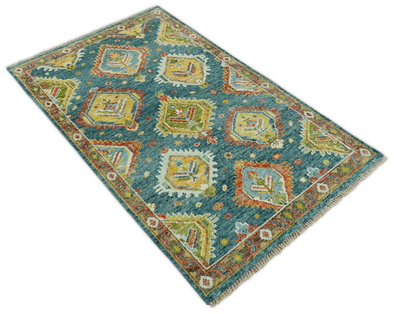 Hand Knotted Eclectic 5x8 Blue, Green and Brown Geometric Traditional Persian Area Rug | TRDCP41958 - The Rug Decor