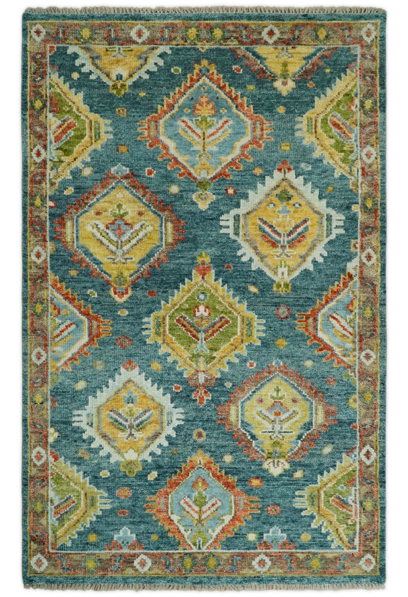 Hand Knotted Eclectic 5x8 Blue, Green and Brown Geometric Traditional Persian Area Rug | TRDCP41958 - The Rug Decor