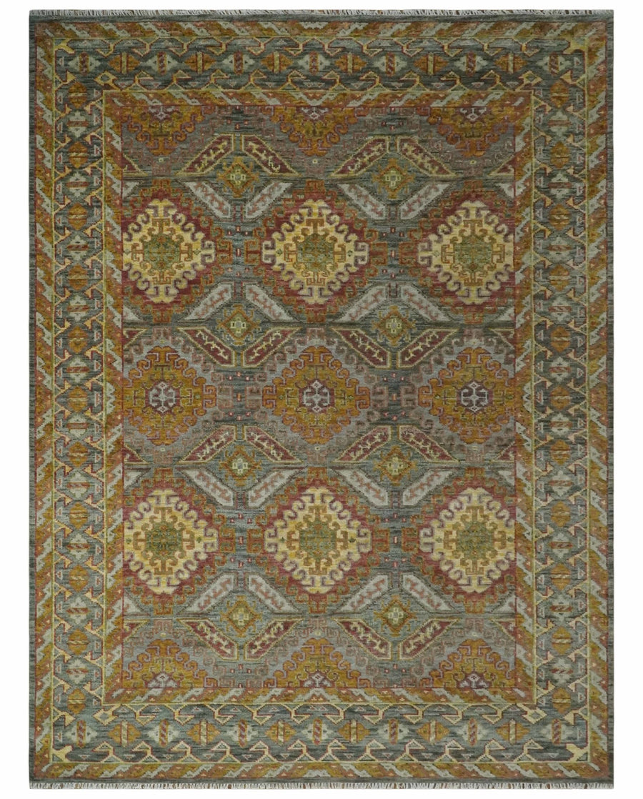 Hand Knotted Gold and Charcoal 9x12 Oriental Traditional Wool Area Rug - The Rug Decor