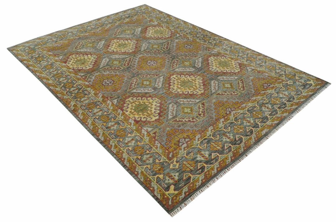 Hand Knotted Gold and Charcoal 9x12 Oriental Traditional Wool Area Rug - The Rug Decor