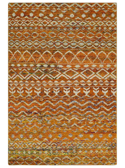 Hand Knotted Gold, Rust and Ivory Modern Contemporary Tribal Trellis Recycled Silk Area Rug - The Rug Decor