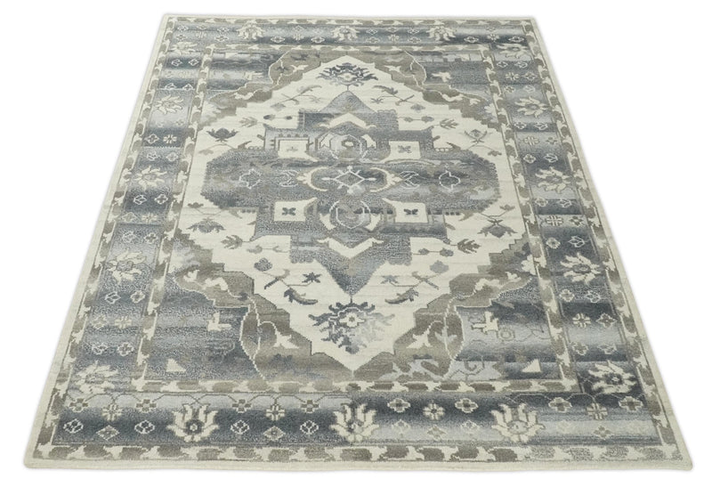 Hand Knotted Gray, Beige and Charcoal Traditional Persian Heriz Serapi Wool Area Rug, Kids, Living Room and Bedroom Rug | MEHK6 - The Rug Decor