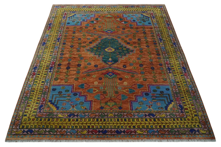 Hand Knotted Green, Rust, Yellow, Pink and Blue Traditional Floral 9x12 Wool Area Rug - The Rug Decor