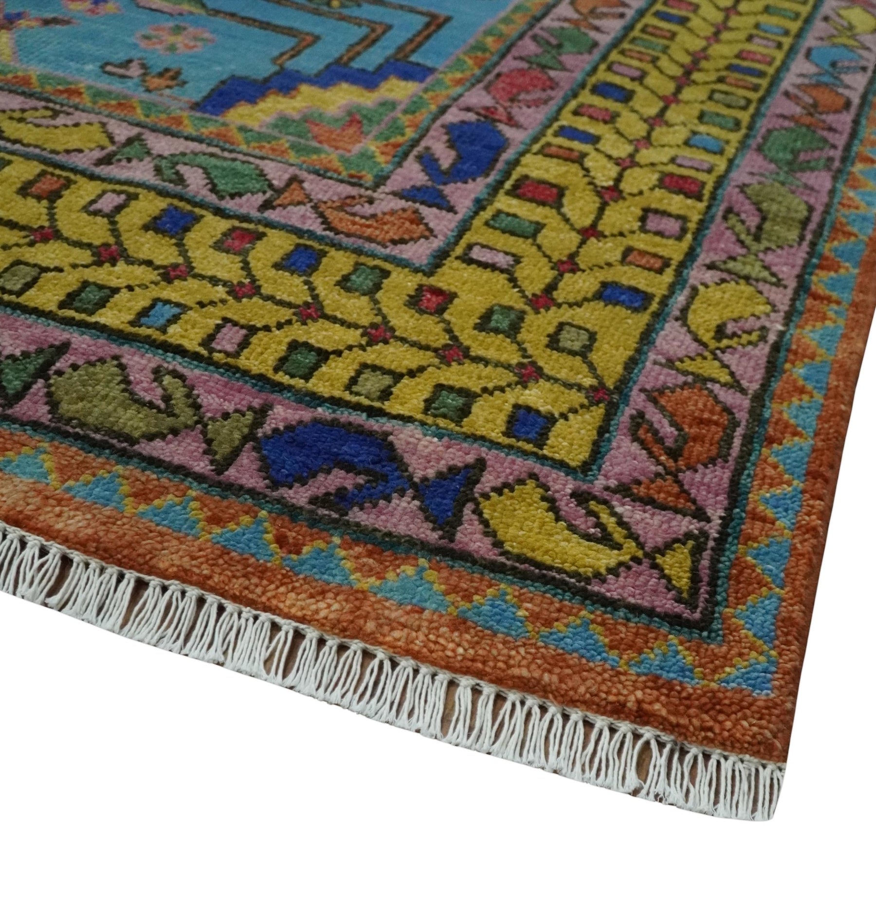 Hand Knotted Green, Rust, Yellow, Pink and Blue Floral 9x12 and 10x14 ...