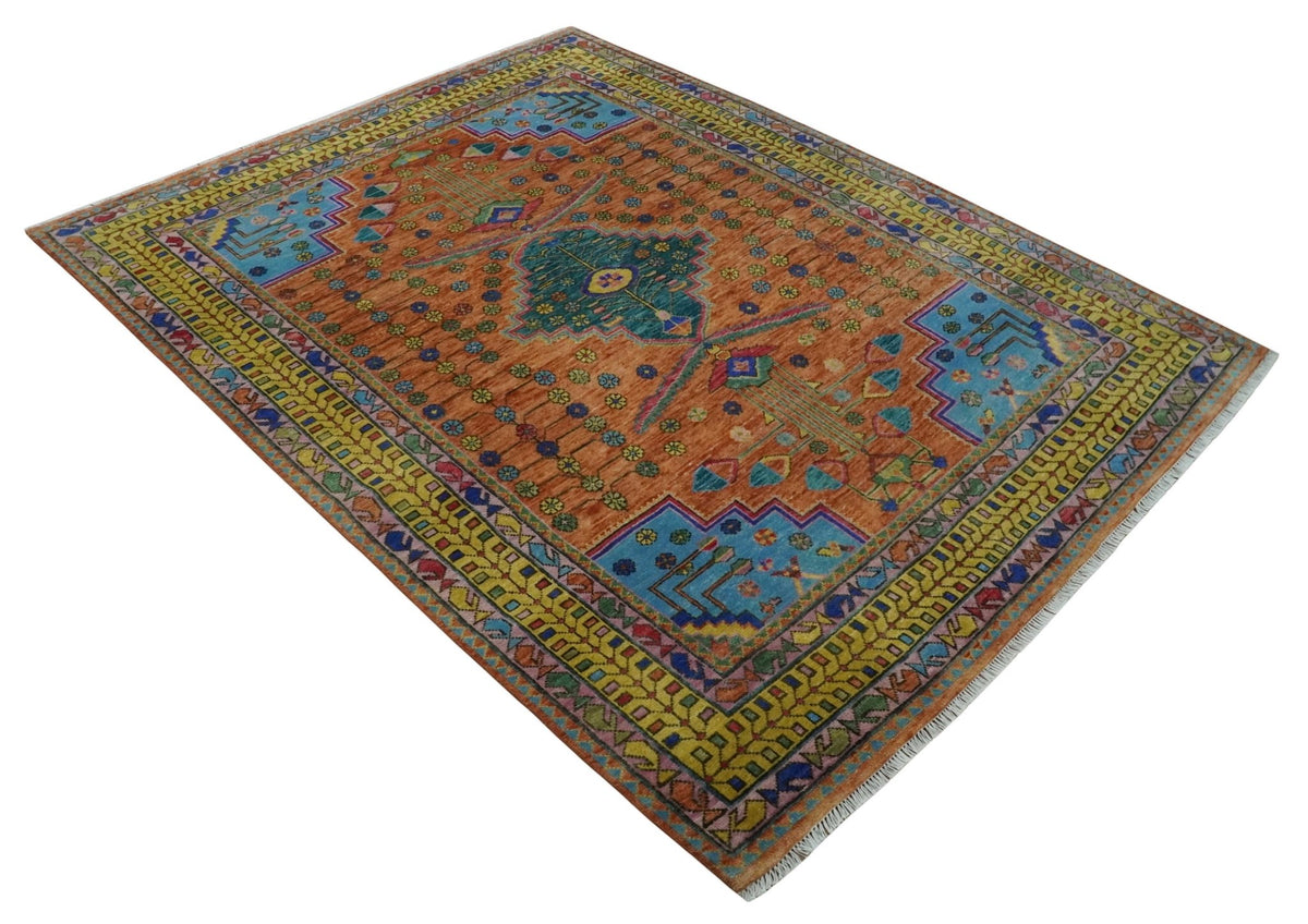 Green/blue Rust Rug Hand Knotted Green, Rust, Yellow, Pink and Blue Floral 9x12 and 10x14 Rug