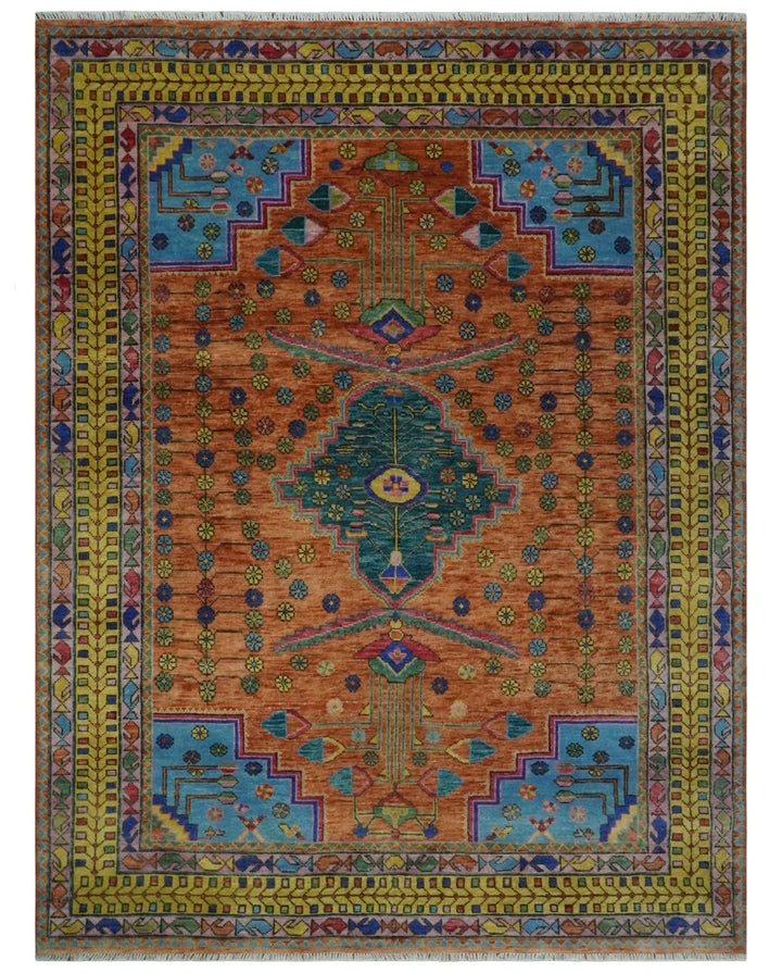 Hand Knotted Green, Rust, Yellow, Pink and Blue Traditional Floral 9x12 Wool Area Rug - The Rug Decor
