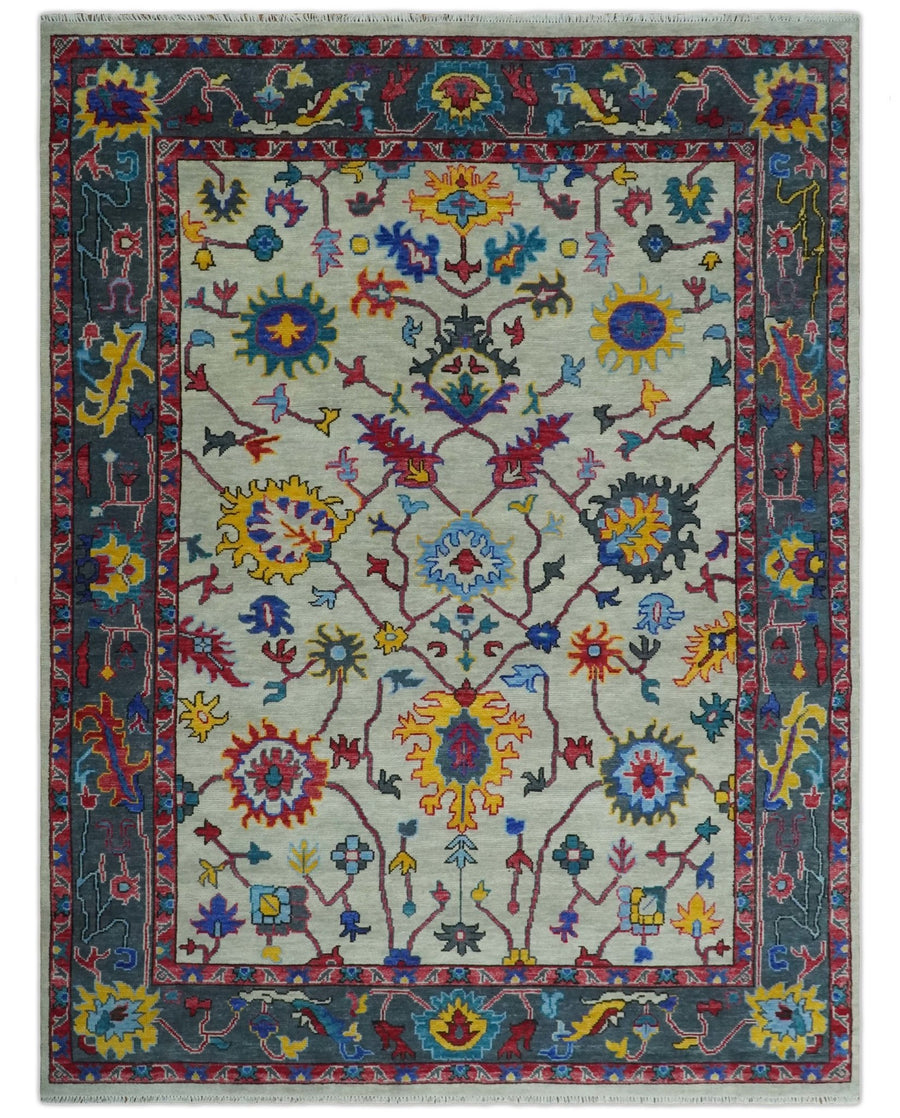 Hand Knotted Ivory and Charcoal 5x8, 6x9, 8x10, 9x12, 10x14 and 12x15 Traditional Oushak Wool Rug | TRDCP1347 - The Rug Decor