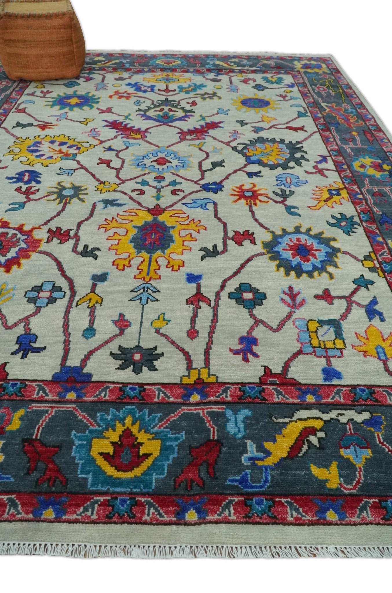 Hand Knotted Ivory and Charcoal 8x10 Traditional Oushak Wool Rug - The Rug Decor