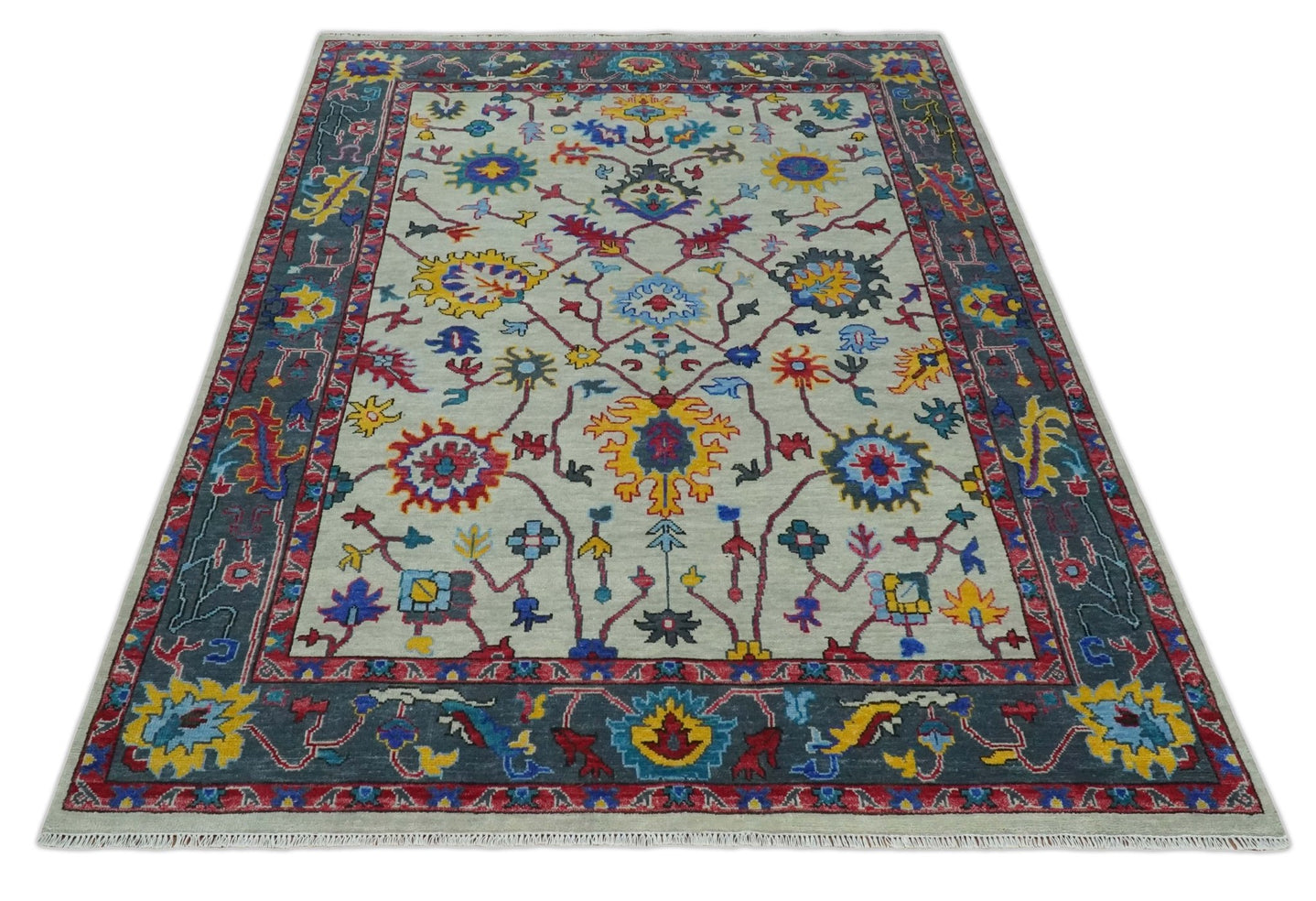Hand Knotted Ivory and Charcoal 8x10 Traditional Oushak Wool Rug - The Rug Decor