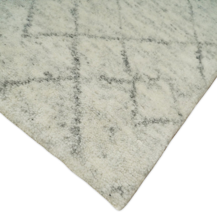 Hand Knotted Ivory and Charcoal 9x12 Trellis Moroccan Rug Made with Fine Wool | TRDCP654912 - The Rug Decor
