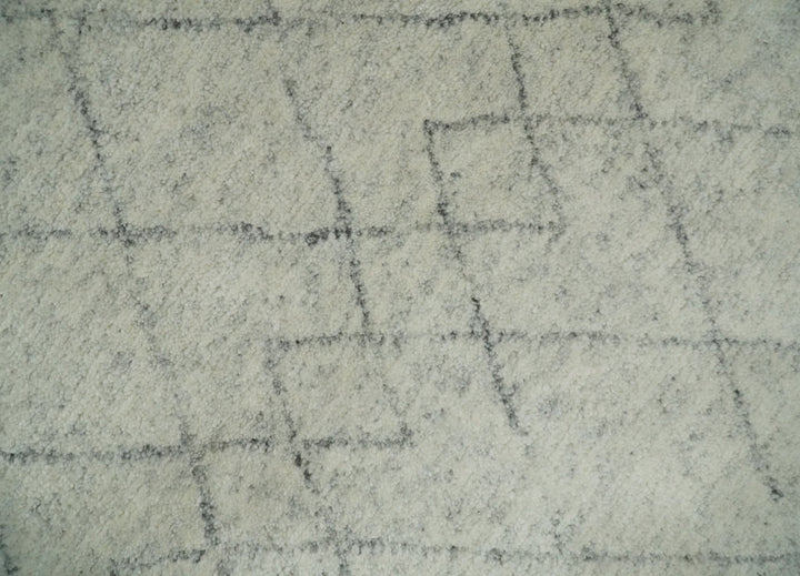 Hand Knotted Ivory and Charcoal 9x12 Trellis Moroccan Rug Made with Fine Wool | TRDCP654912 - The Rug Decor