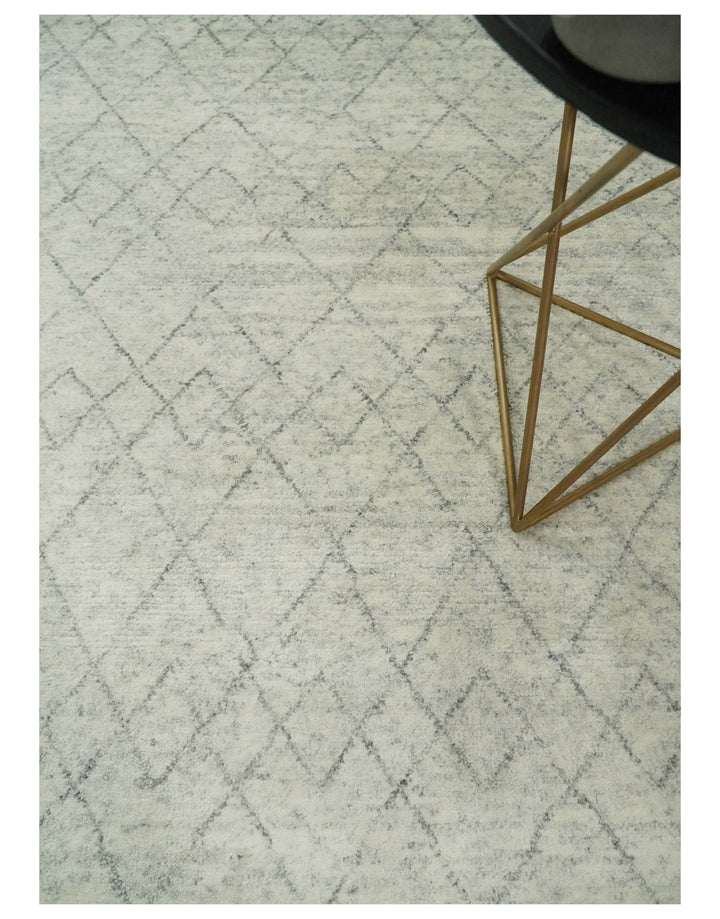 Hand Knotted Ivory and Charcoal 9x12 Trellis Moroccan Rug Made with Fine Wool | TRDCP654912 - The Rug Decor