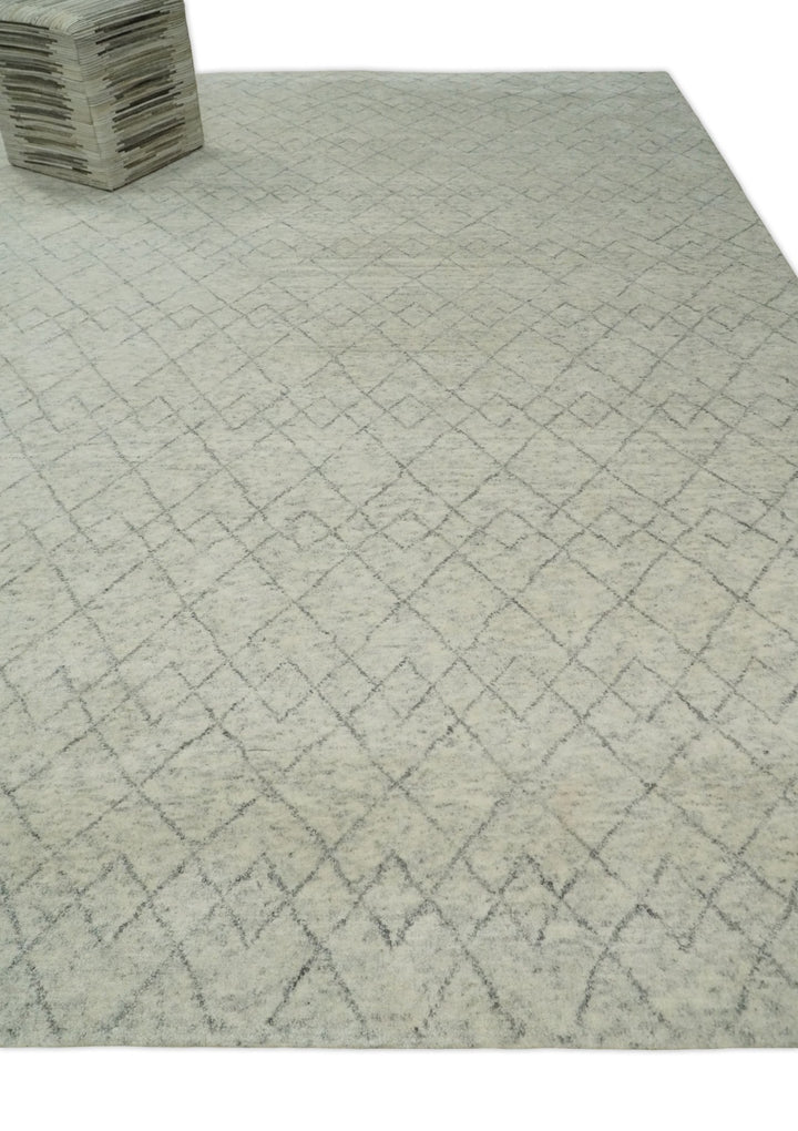 Hand Knotted Ivory and Charcoal 9x12 Trellis Moroccan Rug Made with Fine Wool | TRDCP654912 - The Rug Decor