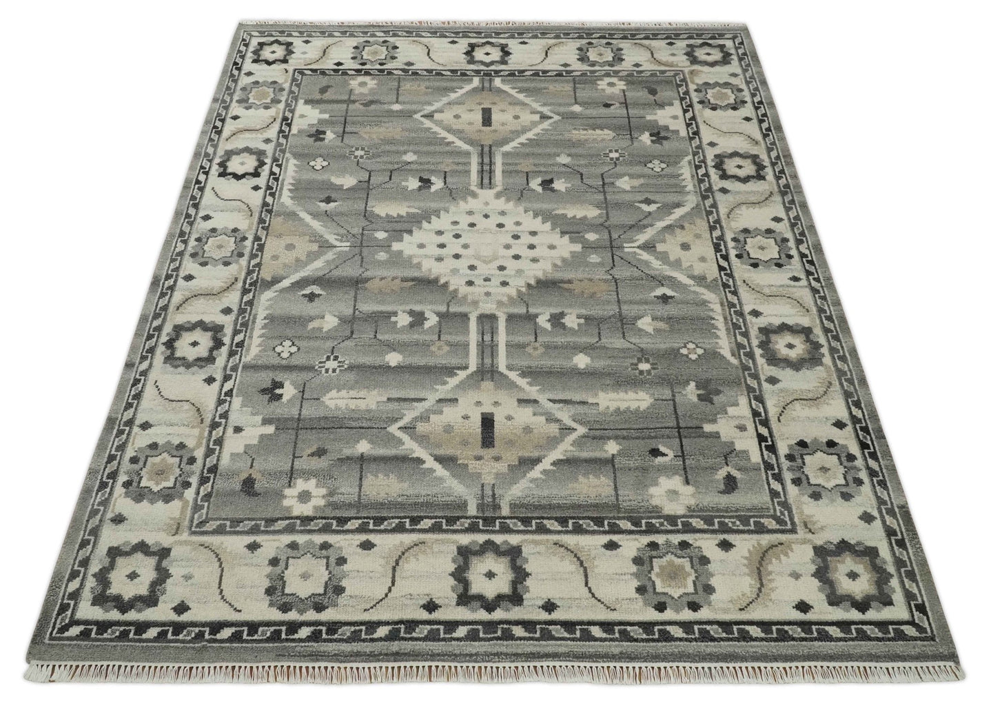 Hand Knotted Ivory and Gray Traditional Tribal Natural Wool Area Rug, Kids, Living Room and Bedroom Rug | MEHK4 - The Rug Decor