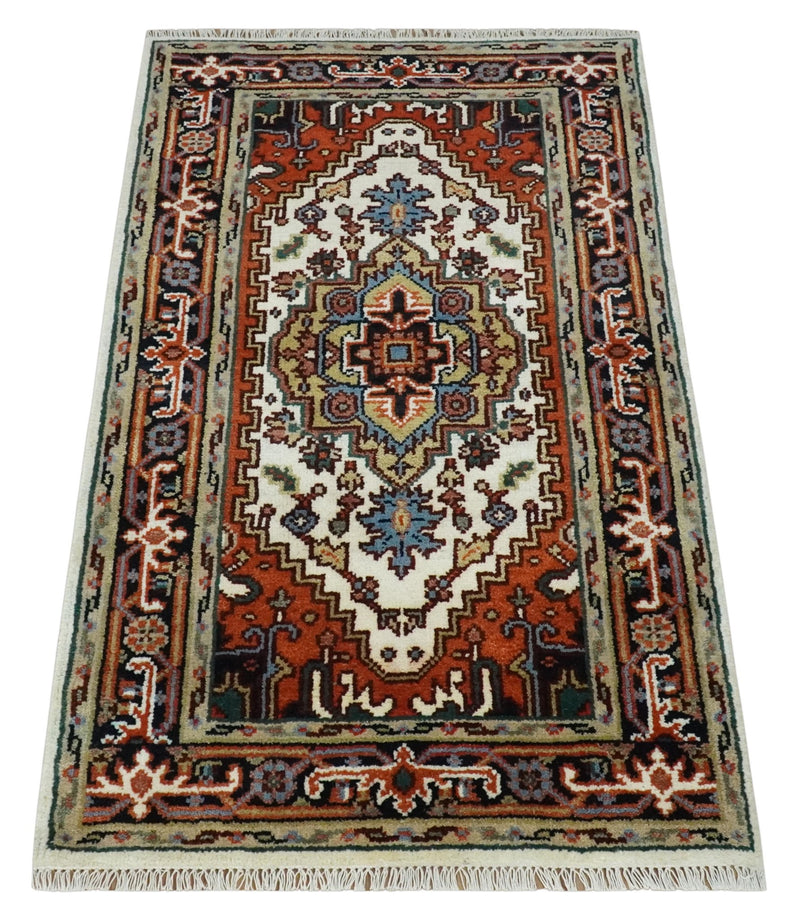 Hand Knotted Ivory, Brown and Blue 3x5 Traditional Antique Style Wool Area Rug - The Rug Decor
