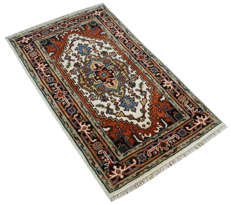 Hand Knotted Ivory, Brown and Blue 3x5 Traditional Antique Style Wool Area Rug - The Rug Decor