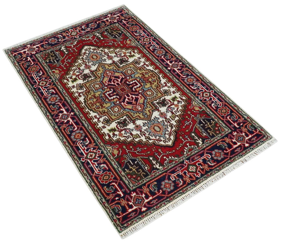 Hand Knotted Ivory, Brown and Blue 4x6 Traditional Antique Style Wool Area Rug - The Rug Decor