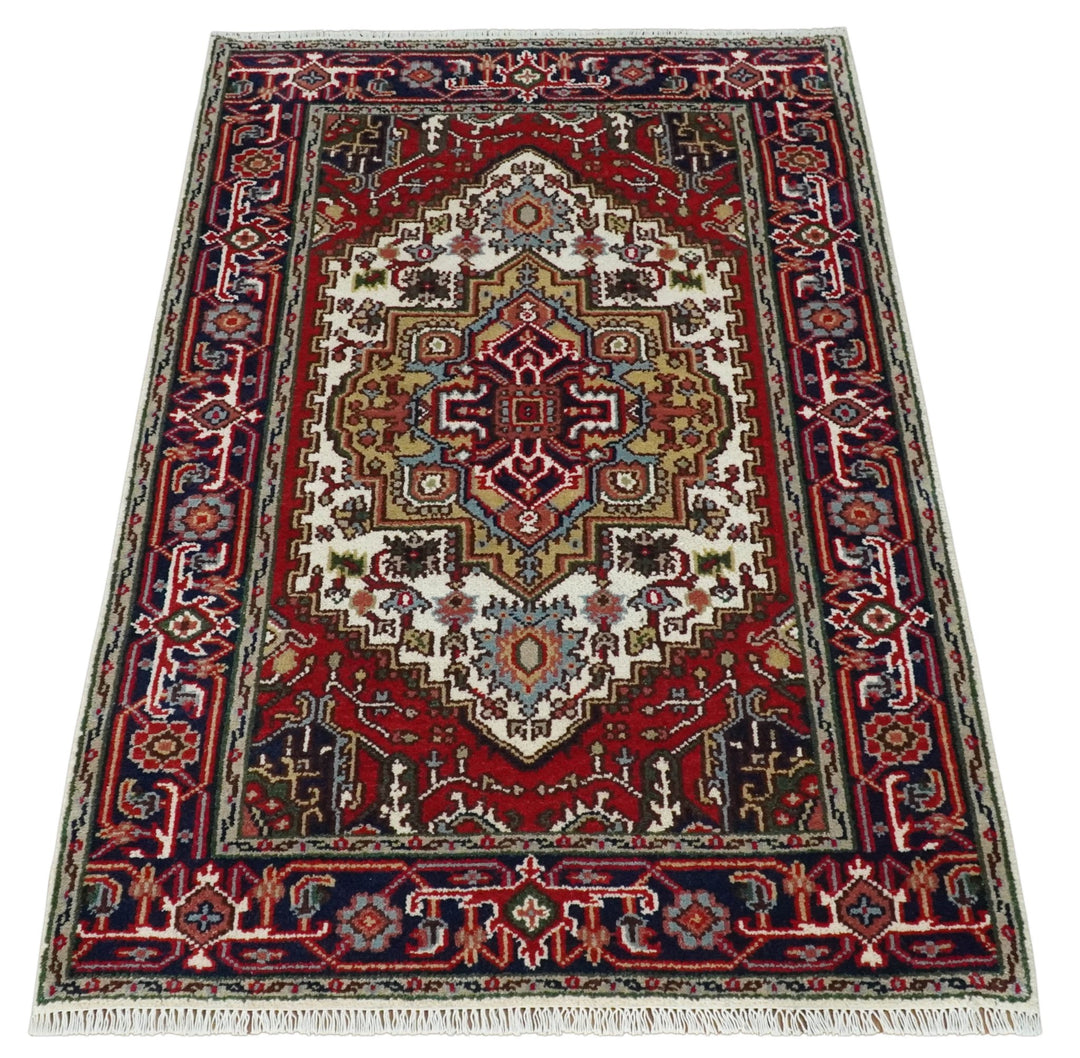 Hand Knotted Ivory, Brown and Blue 4x6 Traditional Antique Style Wool Area Rug - The Rug Decor