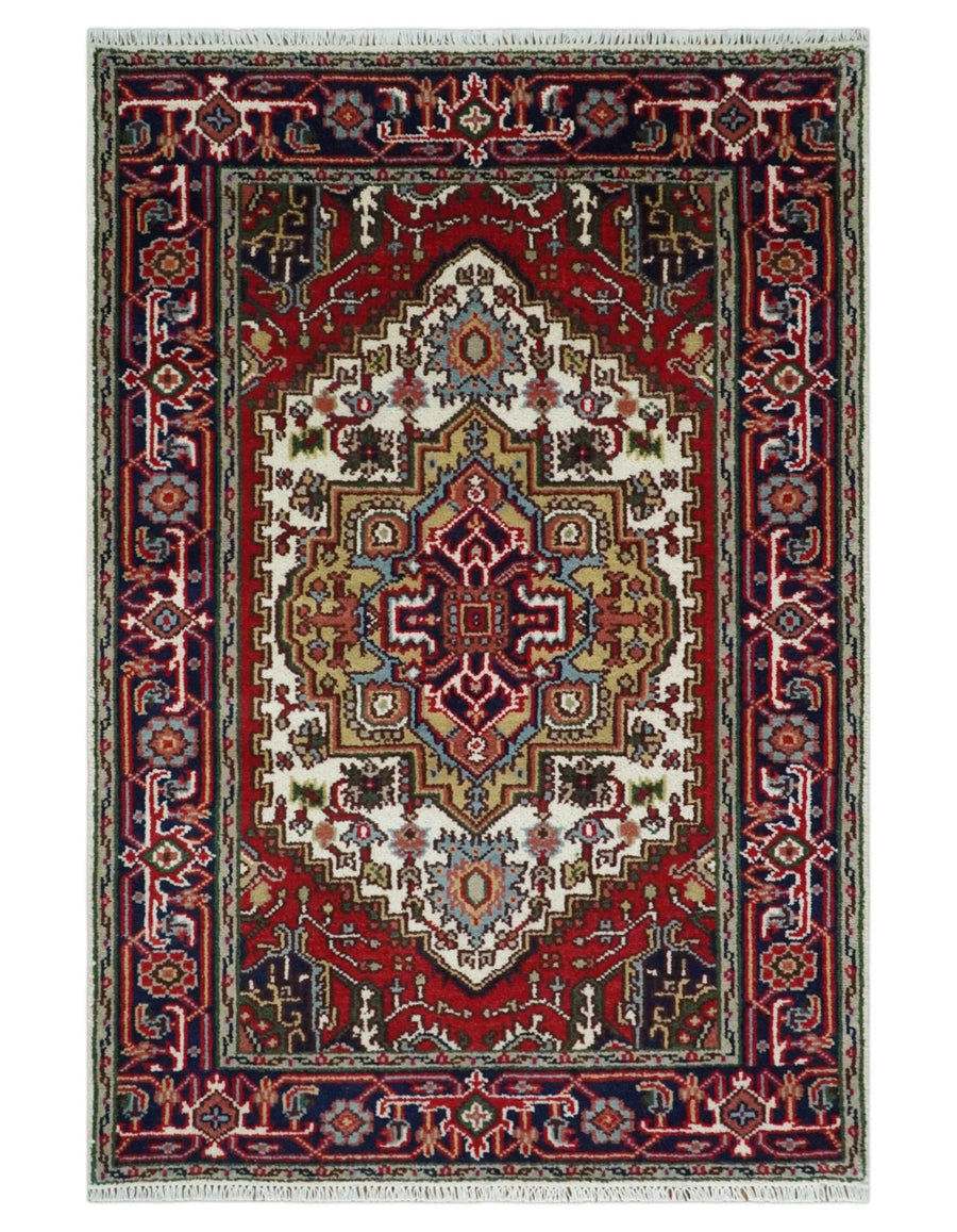 Hand Knotted Ivory, Brown and Blue 4x6 Traditional Antique Style Wool Area Rug - The Rug Decor