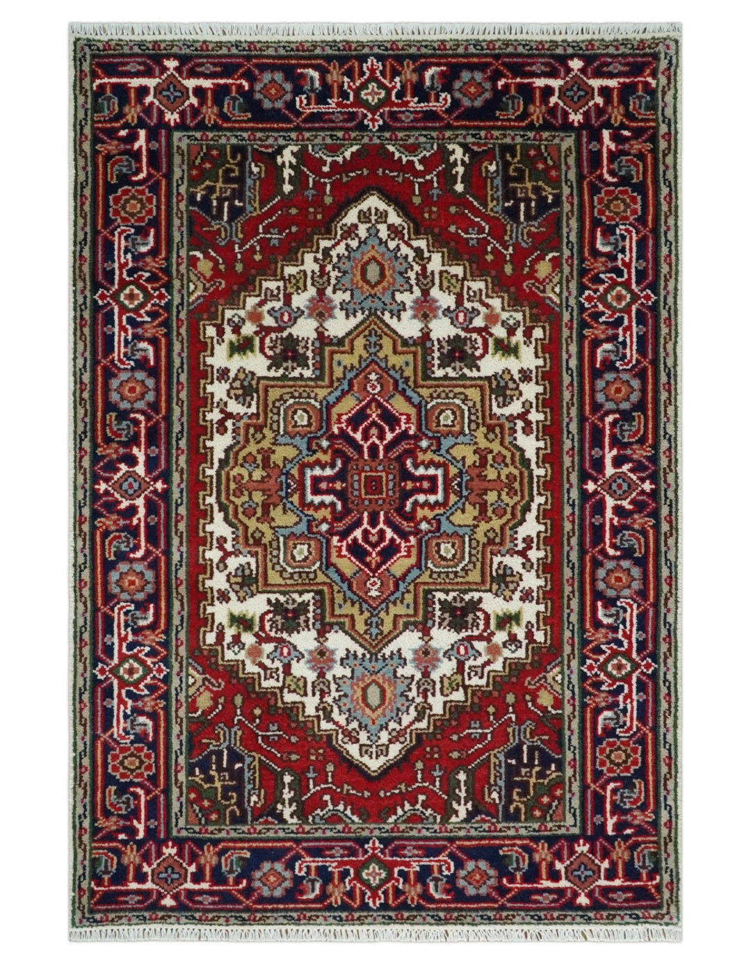 Hand Knotted Ivory, Brown and Blue Traditional Antique Style Wool Area Rug - The Rug Decor