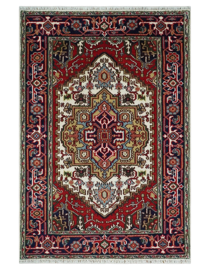 Hand Knotted Ivory, Brown and Blue Traditional Antique Style Wool Area Rug - The Rug Decor