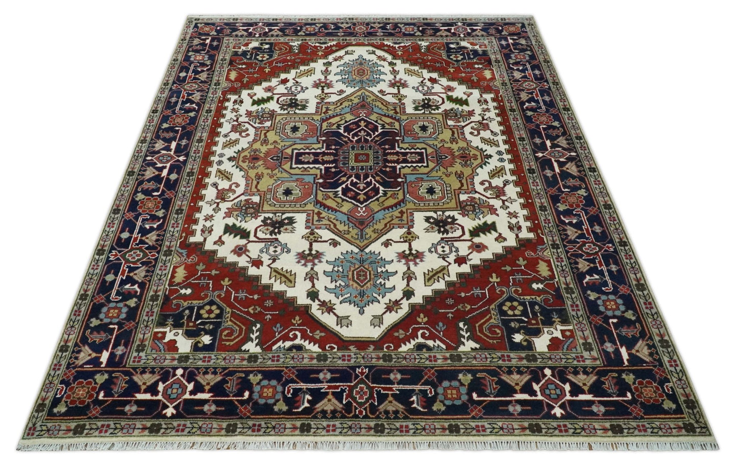 Hand Knotted Ivory, Brown and Blue Traditional Antique Style Wool Area Rug - The Rug Decor