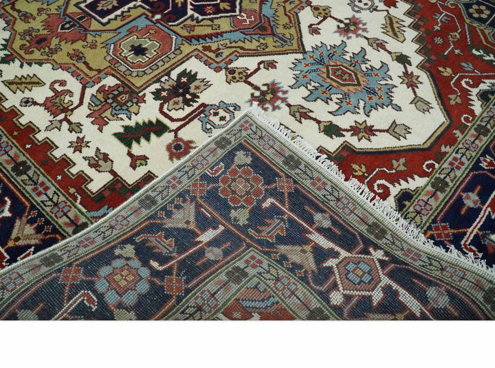 Hand Knotted Ivory, Brown and Blue Traditional Antique Style Wool Area Rug - The Rug Decor