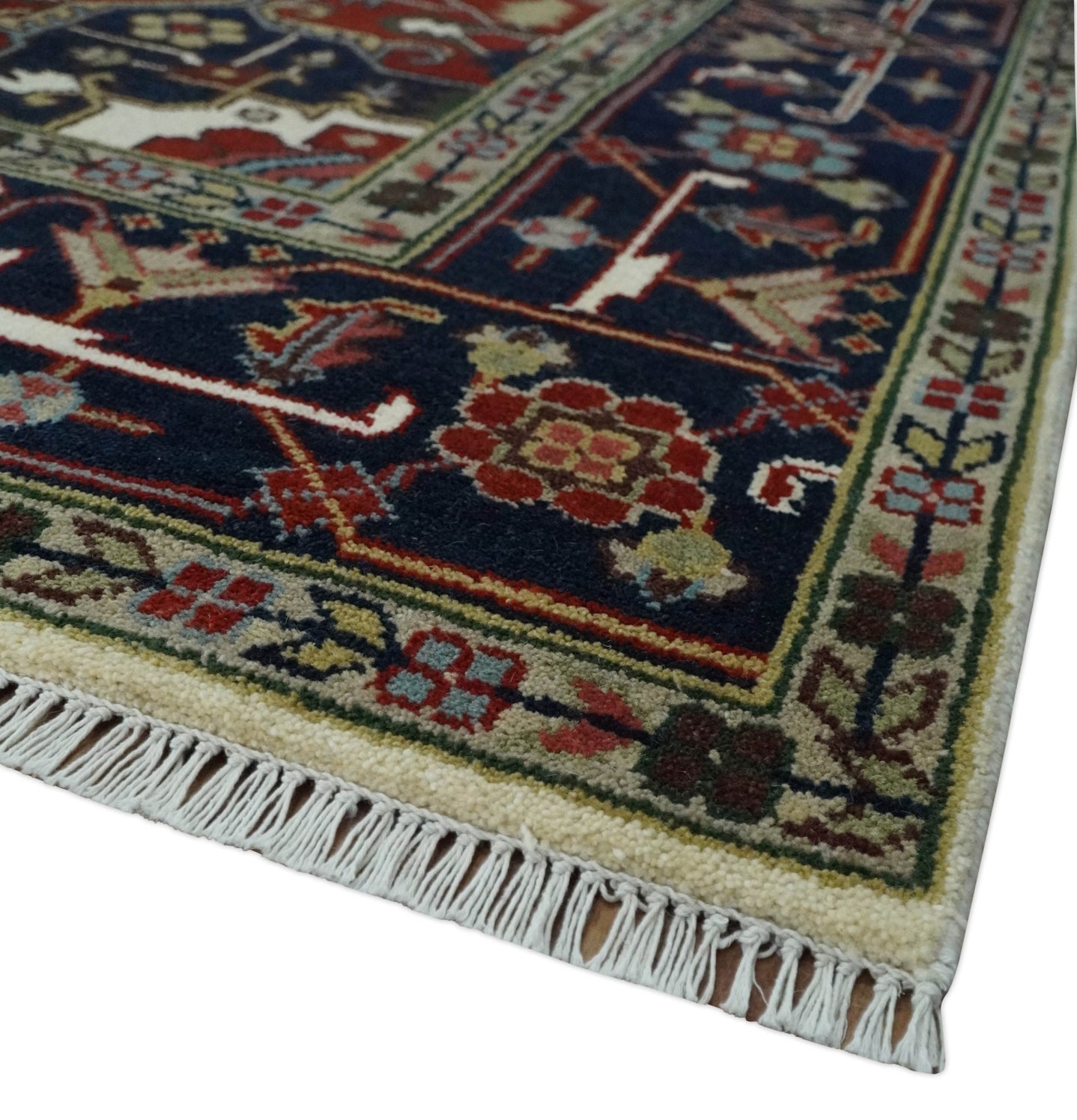 Hand Knotted Ivory, Brown and Blue Traditional Antique Style Wool Area Rug - The Rug Decor